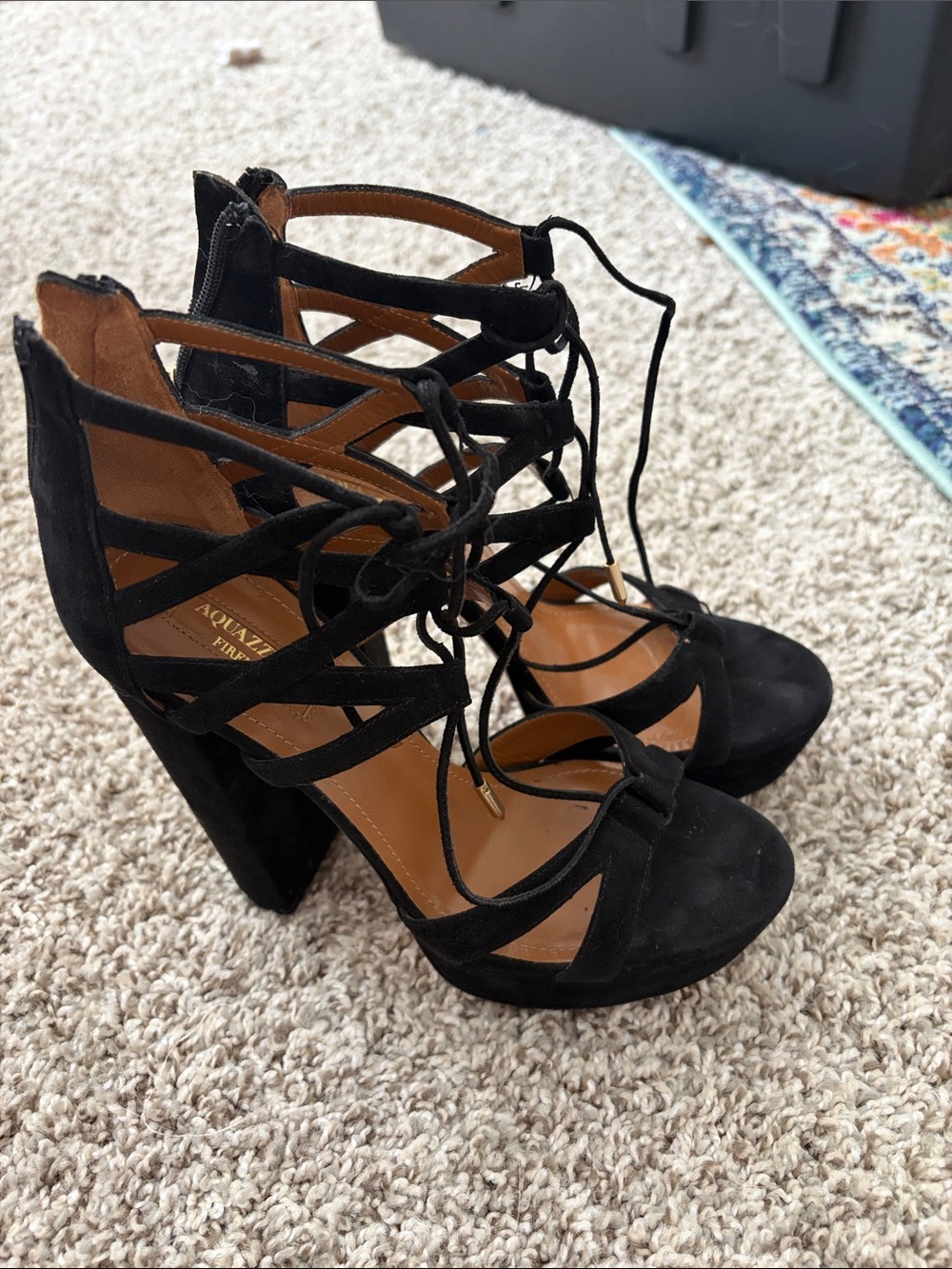 Aquazzura Black Suede Lace-Up Platform Heels